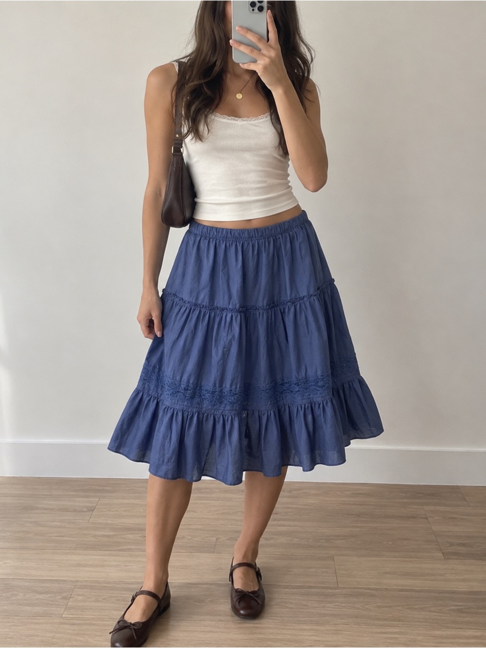 Vintage Blue Embroidered Tiered Midi Skirt Women M Cottagecore